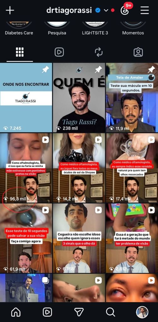 Feed do Dr. Tiago Rassi com reel de 96,8 mil views
