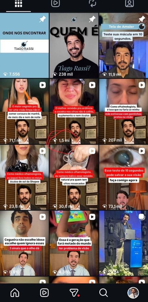 Feed do Dr. Tiago Rassi com reel de 1,5 milhão de views